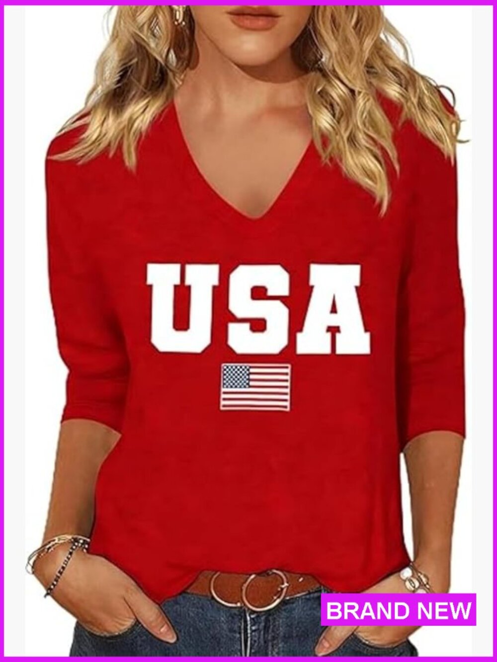 3/4 Sleeve V Neck American Flag Graphic Tee Patriotic Long Sleeve Shirt Women
